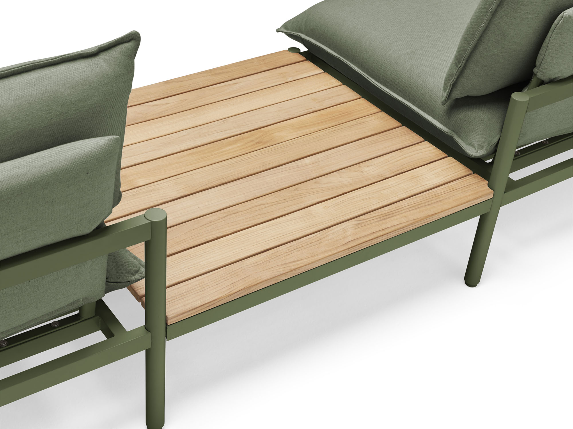 Back angle view of wood and green large outdoor end table